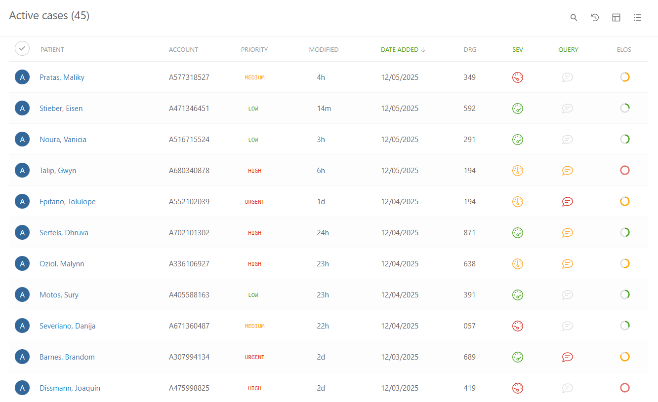 Xycle platform dashboard showing active cases with patient information, priorities, DRG codes, and status indicators